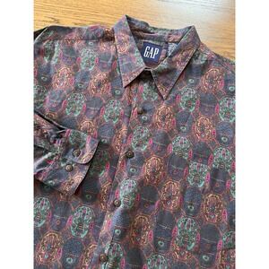Vtg 90s Gap Shirt Men's XL Floral Geometric LS Button Up Collared Red Green
